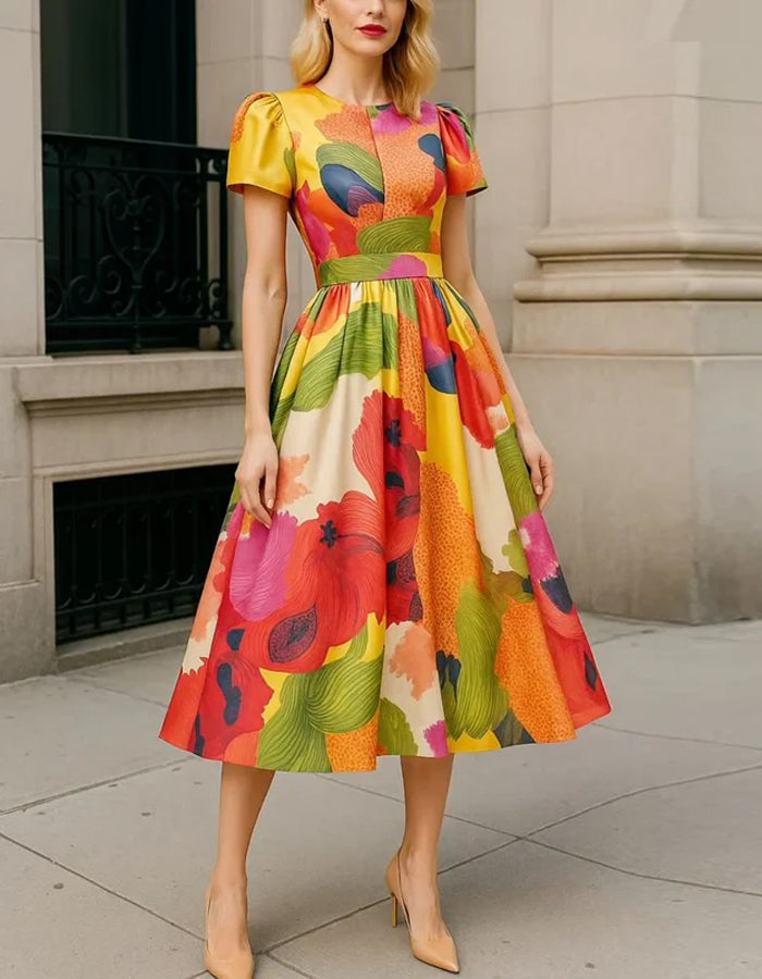 Red satin midi dress for women by FJØRNA featuring an A-line silhouette, pleated design, and puff sleeves.