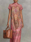 FJØRNA white maxi dress with short sleeves, contrast color floral print, mock neck, loose fit, elegant summer dress