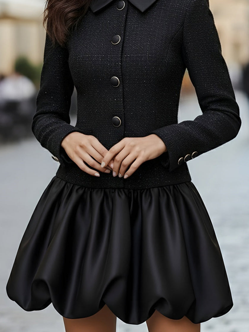 FJØRNA women's tweed and satin bubble hem dress featuring a stylish combination of textured tweed and smooth satin fabric.
