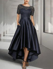 FJØRNA satin midi dress for women, round neck two-piece set with short sleeves, elegant and stylish for special occasions.