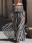 FJØRNA elegant off-the-shoulder chiffon maxi dress with vertical stripes, flowing and stylish for formal occasions