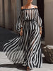 FJØRNA elegant off-the-shoulder chiffon maxi dress with vertical stripes, flowing and stylish for formal occasions