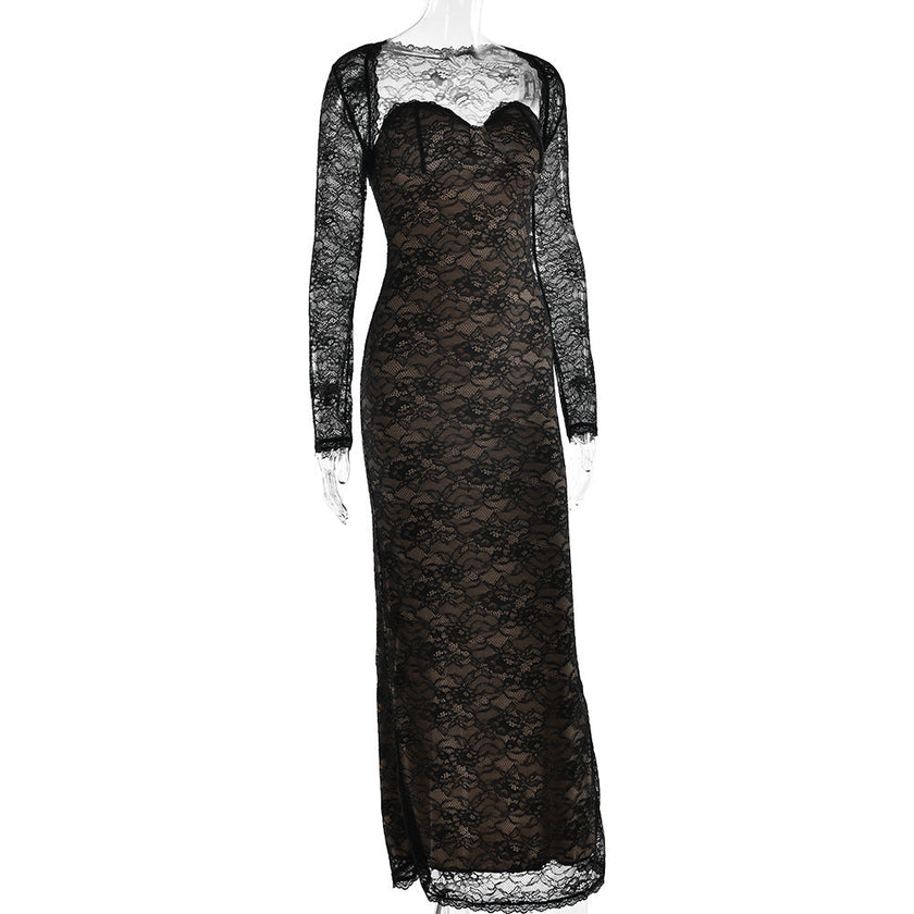 FJØRNA lace backless dress set for women with fishtail silhouette and mesh overlay, elegant evening dress with intricate lace details.