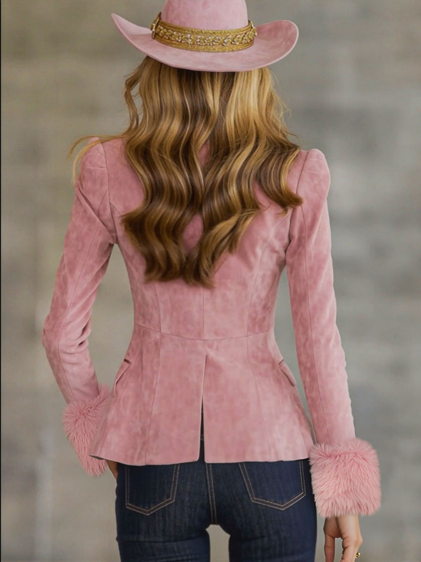 Pink faux suede and fur blazer with multi-button lapel from FJØRNA, featuring a stylish tailored design with soft texture.
