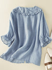 FJØRNA women's summer dress with ruffle linen design, lightweight and breezy for warm weather, shown in soft fabric detail.