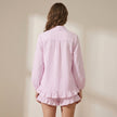 Back view of FJØRNA women's striped ruffle summer two-piece co-ord set, lightweight and stylish for warm weather.