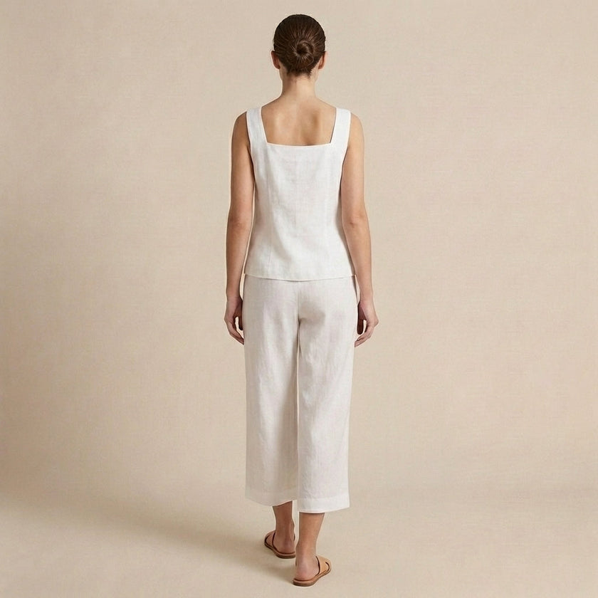 FJØRNA women's two-piece co-ord set with button-front square neck top and matching pants, viewed from the back.