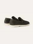Men's dark green suede moccasins slippers by FJØRNA, showing the back view with stitching and soft suede material.