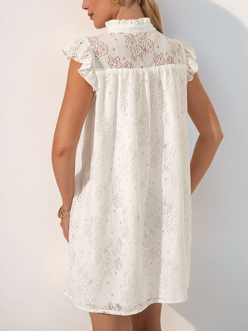 White lace casual wedding dress by FJØRNA, back view of a short, elegant summer dress perfect for romantic occasions.