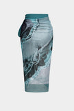 Women's abstract print swimsuit set with matching pareo by FJØRNA, featuring strappy details and stylish swimwear design.