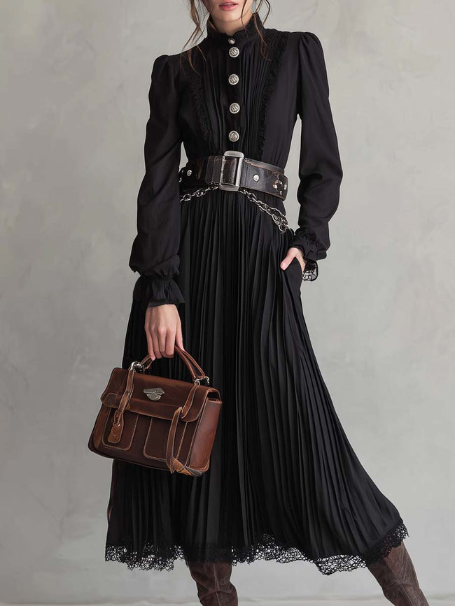 FJØRNA vintage lace hem pleated midi dress with button details, featuring a classic and elegant design.