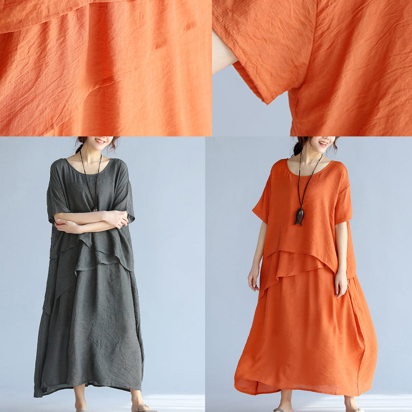 Gray linen cotton maxi dress by FJØRNA featuring a baggy, layered design with short sleeves, perfect for casual or wedding wear.