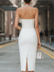 White sheer halter neck midi sheath dress by FJØRNA featuring a fitted silhouette and elegant, flowy fabric.