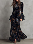 FJØRNA velvet floral midnight evening dress, elegant long dress with floral patterns, ideal for formal occasions.