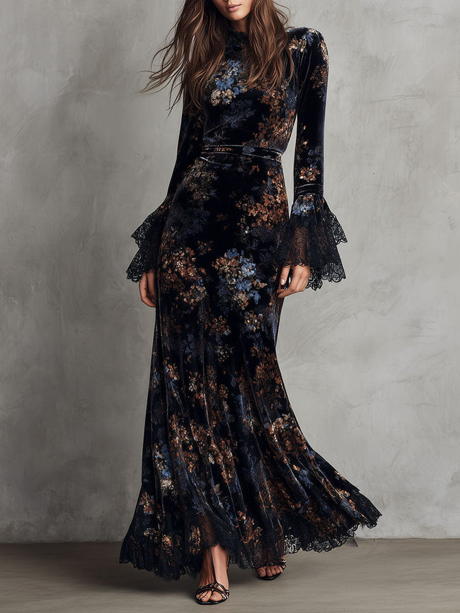 FJØRNA velvet floral midnight evening dress, elegant long dress with floral patterns, ideal for formal occasions.