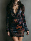 Boho Floral Print V-Neck Velvet Bodycon Women's Mini Dress