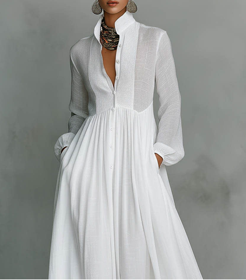 FJØRNA women's summer maxi dress with twist front design, made of lightweight linen fabric, perfect for warm weather.