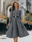 FJØRNA collared button-front fit-and-flare midi dress with belt, stylish women’s midi dress featuring a flattering silhouette and waist tie.