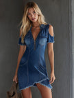 FJØRNA denim off-shoulder mini dress for women, featuring a stylish and casual design with short sleeves and a fitted silhouette.