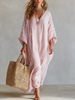 FJØRNA bohemian soft pink striped kaftan dress, flowing maxi dress with relaxed fit and boho style, perfect for summer wear.
