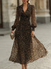 FJØRNA leopard print wrap midi dress with long sleeves, featuring a stylish and fitted design perfect for elegant occasions.