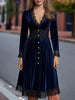 FJØRNA velvet midi dress with lace trim, button-front design, long sleeves, and a flowing silhouette for women.
