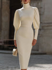 FJØRNA white cream turtleneck puff-sleeve fitted midi dress, bodycon style, displayed on a hanger with a smooth fabric finish.