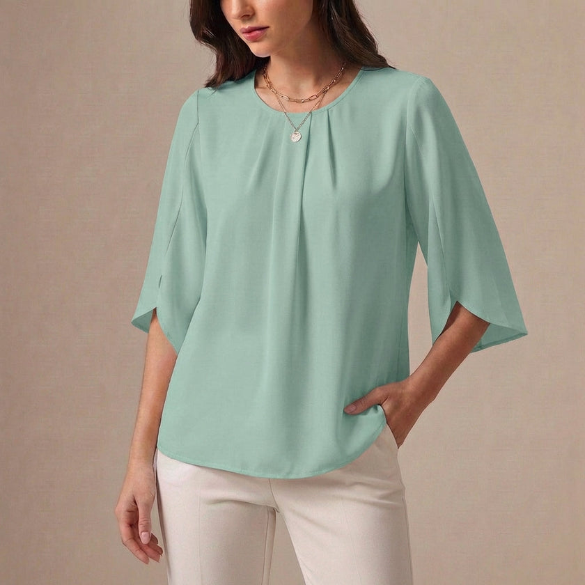 Bean green pleated summer blouse for women, casual top by FJØRNA, featuring a relaxed fit and lightweight fabric.