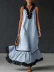 FJØRNA A-line maxi dress with contrast color pleats, ruffle trim, split-joint V-neck, and loose fit, perfect for elegant summer wear.