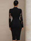 FJØRNA black blazer-style lace midi dress for women, fitted silhouette, elegant lace fabric, and midi length, perfect for sophisticated occasions.