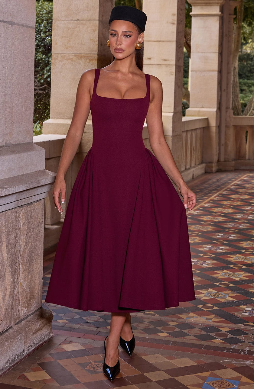 FJØRNA Betty Midi Dress in Cherry Lacquer style, white midi dress with sleek, elegant design and fitted silhouette.