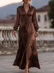 FJØRNA satin cinched waist maxi dress in mocha brown, featuring a flowing design and elegant silhouette.