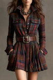 FJØRNA plaid print lapel long sleeve mini dress with pocket, stylish women's dress with classic pattern and tailored design.