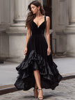 FJØRNA velvet high-low evening gown with layered ruffled hem and long sleeves, elegant maxi dress for formal occasions.