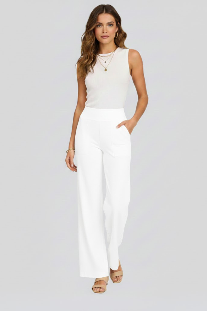 FJØRNA Bianca women's high-rise wide-leg trousers, stylish and comfortable pants with a relaxed fit and tailored design.