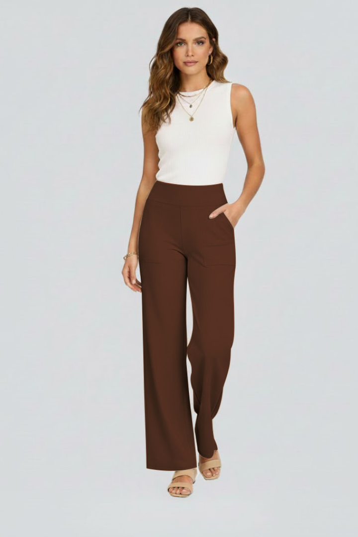 FJØRNA Bianca women's high-rise wide-leg trousers, stylish and comfortable pants with a flattering fit, shown in the image.