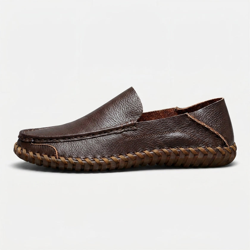 Men's FJØRNA handstitched PU leather slip-on loafers with round toe, suitable for smart casual wear, shown in natural brown leather.