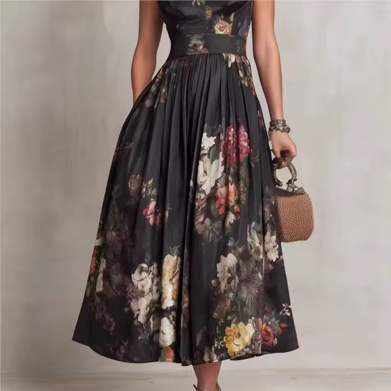 FJØRNA black floral Mao neck midi dress with keyhole detail, showcasing the elegant floral pattern and tailored fit.