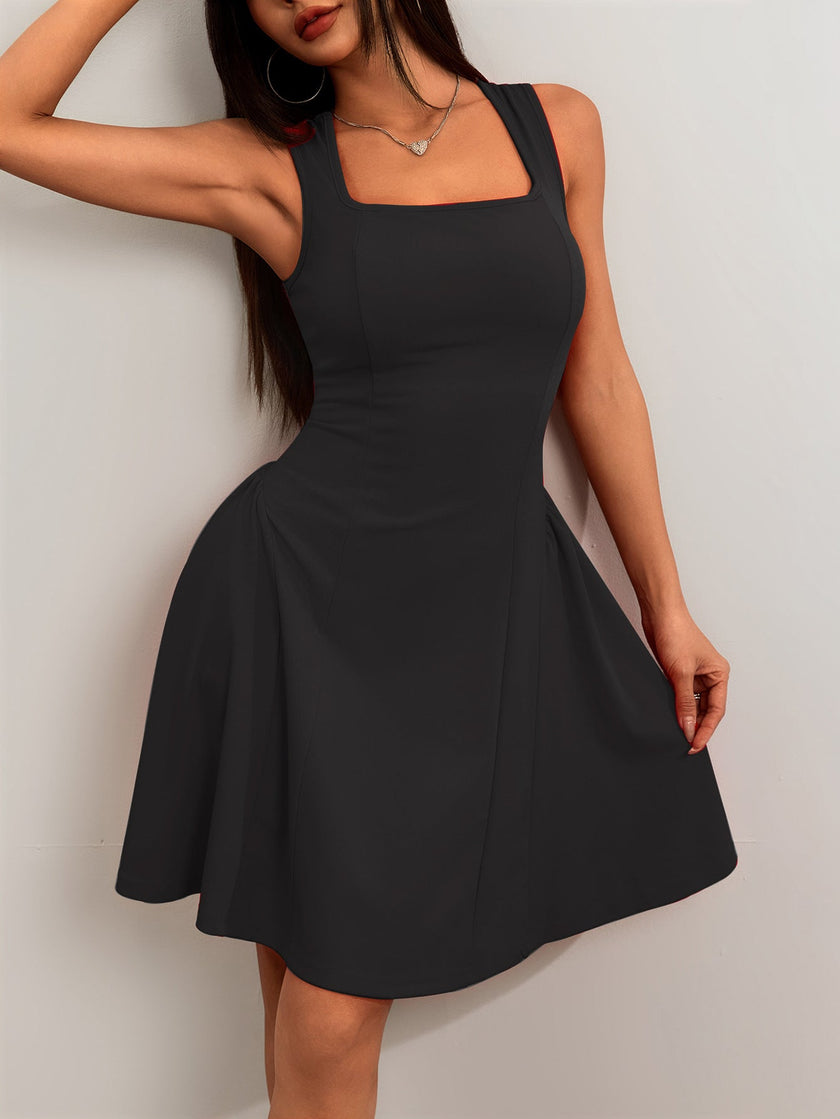 FJØRNA black flared fit mini dress with square neckline, tailored design, ideal for summer occasions.