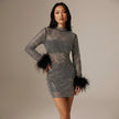 Black FJØRNA sequin feather mini dress with long sleeves and sheer details, showcasing a stylish and glamorous evening look.