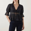 Black women's summer blouse with v-neck, puff sleeves, and lace details, from FJØRNA, shown on a hanger.