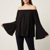 Black women's off-shoulder summer blouse with bell sleeves by FJØRNA, featuring a relaxed fit and stylish design.