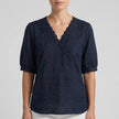 Black women's linen summer blouse with V-neck and short sleeves, casual style by FJØRNA.