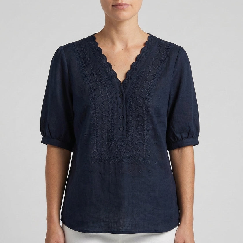 Black women's linen summer blouse with V-neck and short sleeves, casual style by FJØRNA.
