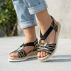 Black FJØRNA orthopedic peep-toe wedge sandals for women with supportive design and stylish open-toe style.