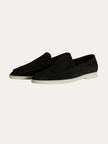 Men's black suede calfskin moccasins by FJØRNA, stylish men's shoes with a sleek loafer design and comfortable slip-on fit.