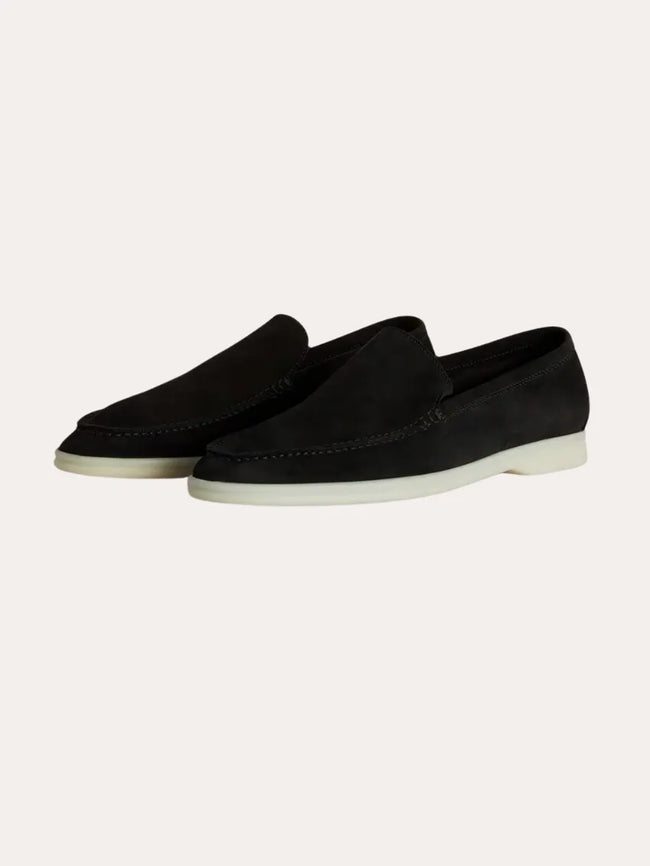 Men's black suede calfskin moccasins by FJØRNA, stylish men's shoes with a sleek loafer design and comfortable slip-on fit.