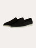 Men's black suede calfskin moccasins by FJØRNA, stylish men's shoes with a smooth suede finish and classic loafer design.