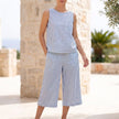 Blue FJØRNA women's summer two-piece co-ord set with striped pattern and pocket details, perfect for casual warm-weather wear.