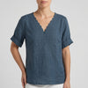 Blue FJØRNA women's summer blouse with V-neck, short sleeves, linen fabric, casual style, suitable for warm weather.